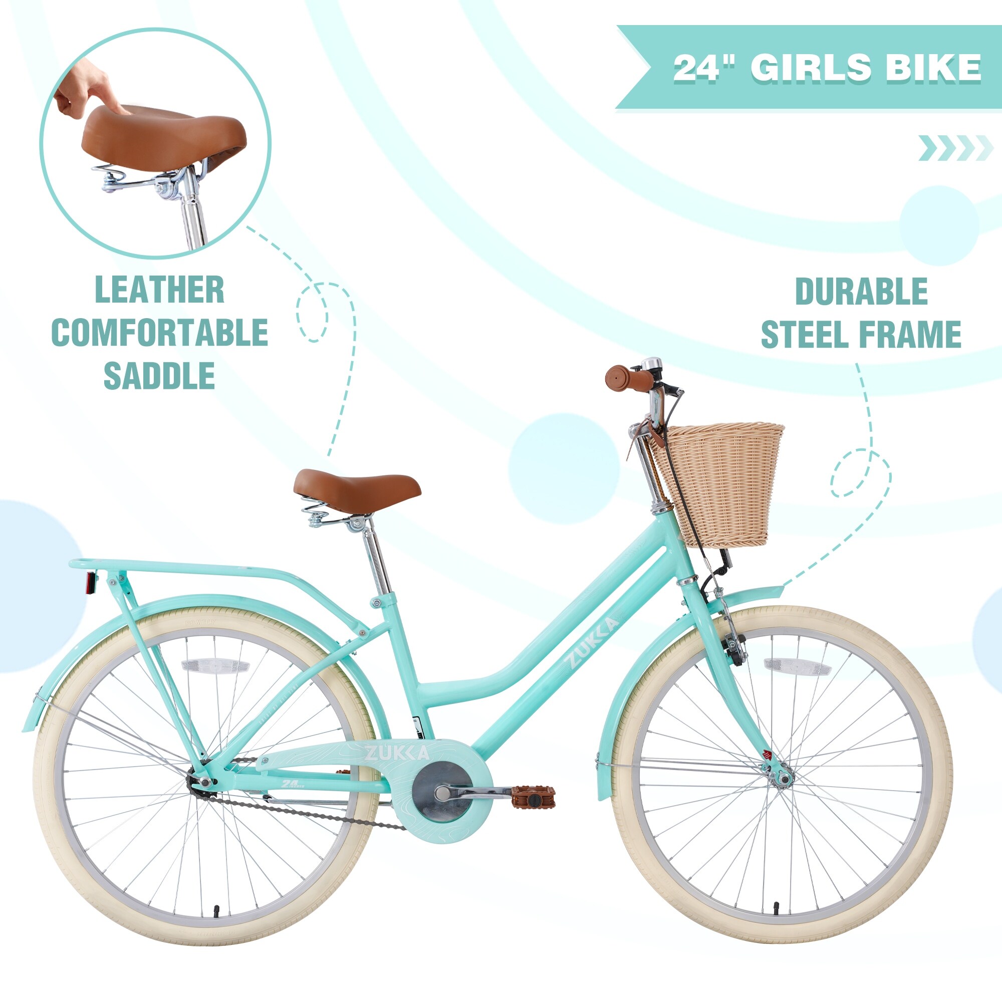 10 Years Old Girls Bike Road Bikes City Bikes Beach Bikes 24 Inch Wheel Steel Frame and Anti Skid Tires for Outings Exercise